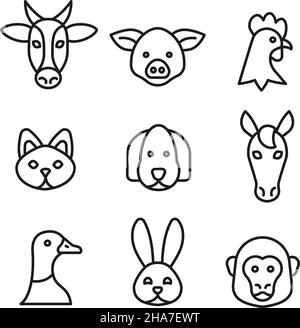 illustration of the farm animals black and white outline icons Stock Vector