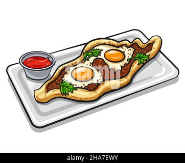 turkish egg-topped pide flatbread baked with minсe and eggs Stock Vector