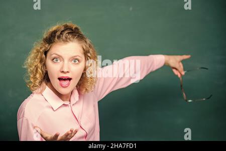 School rules. School principal stressful outraged expression. Educational system concept. School lesson knowledge. Remember this. Strict woman teacher Stock Photo