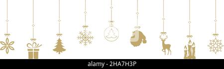 Seamless Christmas ornate vector with decoration symbols. Hanging golden xmas elements and decoration on white background. Stock Vector