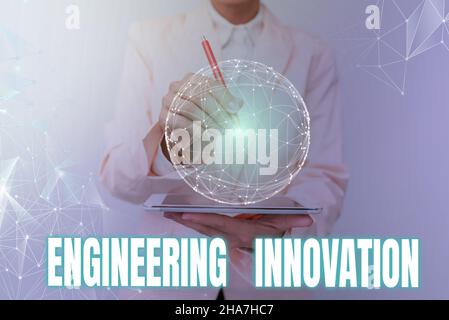 Text caption presenting Engineering Innovation. Conceptual photo Process expressed in Logic and Mathematical Form Woman In Suit Holding Tablet With Stock Photo