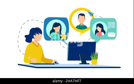 Vector of a young woman chatting online with her friends or coworkers via internet Stock Vector