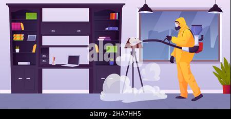Vector of a specialist in a protective suit disinfecting office room interior Stock Vector