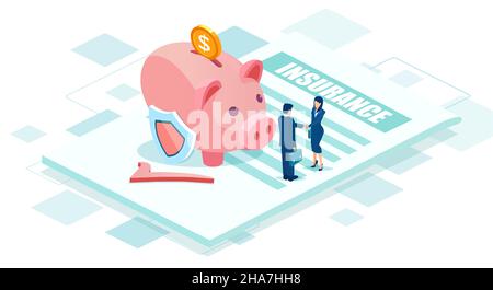Financial savings and insurance concept. Vector of business people handshaking signing a contract agreement Stock Vector