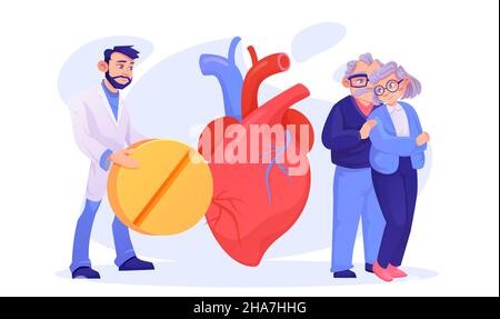 Vector of a male doctor offering heart medication to a senior couple Stock Vector