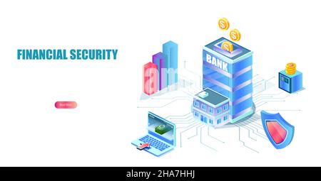 Isometric vector of an online banking concept with bank building and money transaction via internet Stock Vector