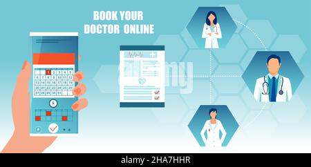 Vector of a patient booking his appointment with a doctor via mobile app. Healthcare and technology concept Stock Vector
