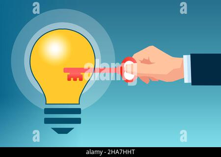 Vector of a business man with a key unlocking idea light bulb Stock Vector