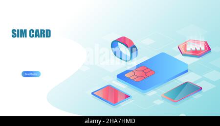 Isometric vector of a SIM card and mobile devices using microchip technology. Stock Vector