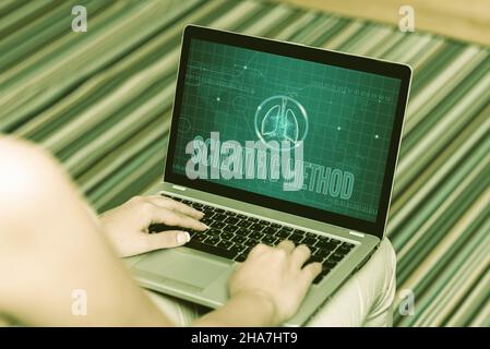 Handwriting text Scientific Method. Word for Principles Procedures for the logical hunt of knowledge Woman Sitting With Laptop Upper Back View Working Stock Photo