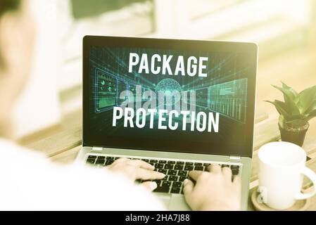 Conceptual display Package Protection. Internet Concept Wrapping and Securing items to avoid damage Labeled Box Woman Busy Typing On Laptop Beside Stock Photo