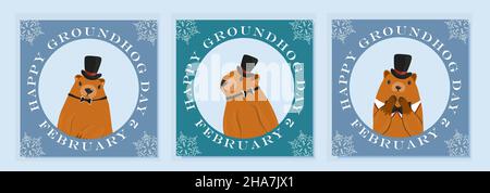 Happy groundhog day design with cute marmots. Marmot or beaver wild animal relax on nature vector illustration. Funny character. set of greeting cards Stock Vector