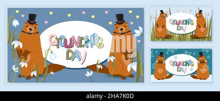 Happy groundhog day design with cute marmots. Marmot or beaver wild animal relax on nature vector illustration. Funny character. set of greeting cards Stock Vector