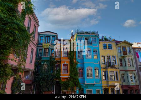 Istanbul, Turkey - october 29, 2021 : Balat district street view in Istanbul. Balat is popular tourist attraction in Istanbul, Turkey. Stock Photo