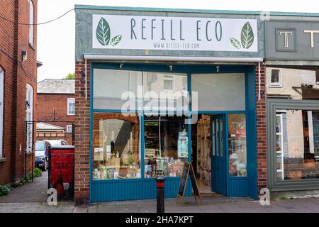 Woodbridge Suffolk UK July 21 2021: Exterior view of a new trend of popular eco refill shops which are very popular with young adults and millennials Stock Photo