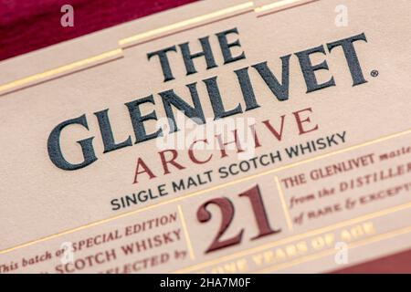 EDINBURGH, SCOTLAND - DECEMBER 10, 2021: box of 21 years old Glenlivet single malt scotch whisky Stock Photo