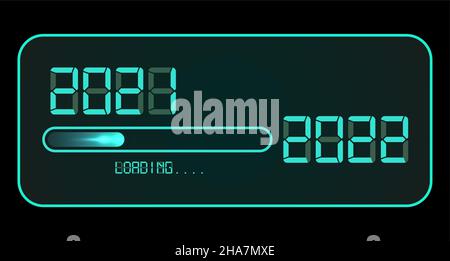 2022 Happy new year digital clock. 2021 loading to up 2022. Blue led neon digital time style. Progress bar almost reaching new year eve. Vector illust Stock Vector