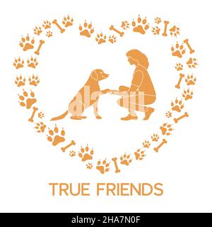 Vector illustration Woman and labrador playing together Dog gives paw on background of dog tracks, bones in the shape of heart Owner teaching pet comm Stock Vector