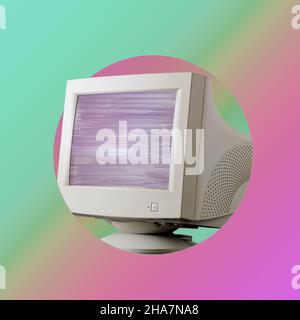 On velvet purple and green background is retro monitor with glitch on screen. Surreal cyber minimal concept. Vaporwave aesthetic. Stock Photo