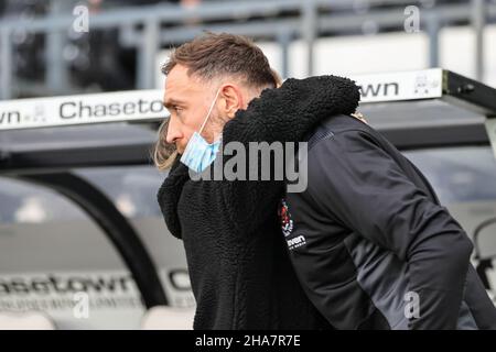 Richard Keogh #26 of Blackpool is met by a former colleague of Derby County Stock Photo