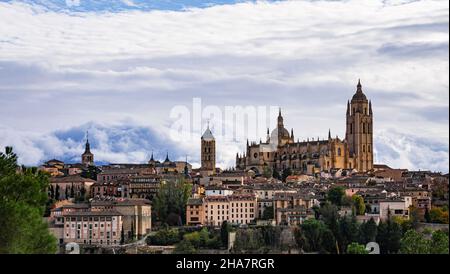 Cityscape of the city of Segovia with the Holy Cathedral Church of Our Lady of the Assumption and of San Frutos. Stock Photo