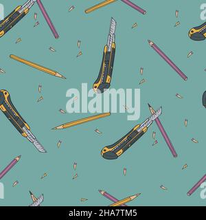 Vector seamless pattern with boxcutter, color pencils and shavings. Hand drawn design. Stock Vector