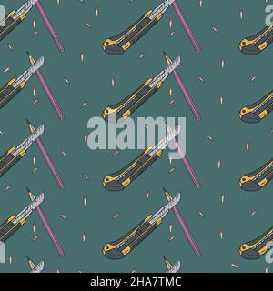 Vector seamless pattern with stationery knives, pencils and shavings. Design with boxcutter and color pencils. Stock Vector