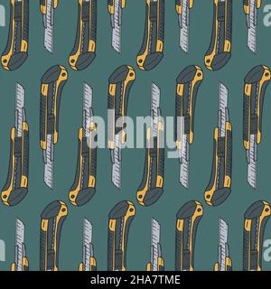 Vector seamless pattern with hand drawn stationery knives. Design with boxcutters. Stock Vector