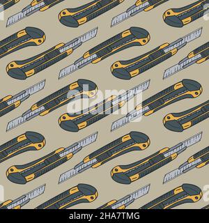 Vector seamless pattern with stationery knives. Design with boxcutters. Stock Vector