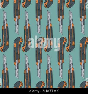 Vector seamless pattern with boxcutters. Hand drawn design with stationery knives. Stock Vector