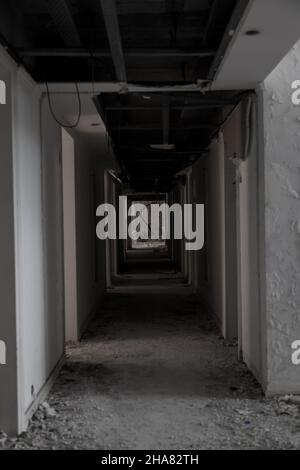 Scary empty dark corridor in an abandoned building. Shabby walls. The play of light and shadows in an abandoned house. Broken doors. An old abandoned Stock Photo