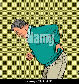 an elderly man back pain, osteochondrosis hernia sprain sciatica and other diseases of the spine and internal organs Stock Vector