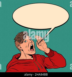a young man shouts an announcement of pop art, advertising template poster style Stock Vector