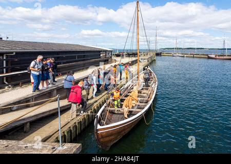 Roskilde: Viking Ship Museum (Vikingeskibsmuseet), boat trip for tourists, in Roskilde, Zealand, Sealand, Sjaelland, Denmark Stock Photo