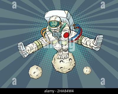 The astronaut rejoices jumping up through an asteroid or planet in a funny pose with his legs apart. Space and science Stock Vector