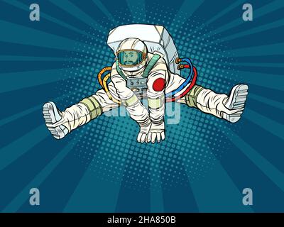 The astronaut rejoices jumping up in a funny pose with his legs apart. Space and science Stock Vector