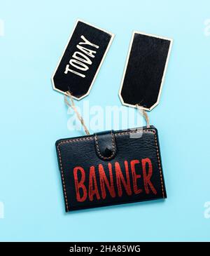 Conceptual caption Banner. Word Written on long strip cloth bearing slogan or design carried in public place Collection of Blank Empty Sticker Tags Stock Photo