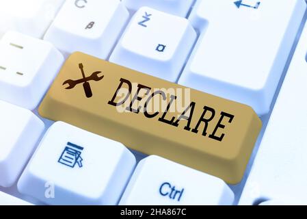 Handwriting text Declare. Concept meaning make known or state clearly especially in explicit or formal terms Writing Interesting Online Topics, Typing Stock Photo