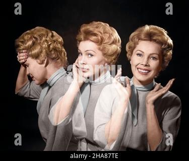 1950s 1960s TRIPTYCH MULTIPLE EXPOSURE WOMAN THREE EMOTIONS CHANGING FROM SAD TO HAPPY LOOKING AT CAMERA - g4756c DEB001 HARS BLOND BALANCE EXPOSURE PLEASED JOY LIFESTYLE TRICK FEMALES MOODY CHANGE GROWNUP HEALTHINESS COPY SPACE LADIES PERSONS GROWN-UP CARING NERVOUS CONCERNED SADNESS SUCCESS ANXIETY HAPPINESS PERSONALITY HEAD AND SHOULDERS CHEERFUL COMPOSITE EXCITEMENT SPECIAL TRIO EFFECT DESPAIR SMILES MENTAL HEALTH MOODS CONCEPTUAL JOYFUL PHOTOGRAPHY STYLISH DEB001 TENSION TRANSITION DOUBTFUL EMOTION EMOTIONAL EMOTIONS MANIC MID-ADULT MID-ADULT WOMAN PEOPLE ADULTS PERSONALITIES RELAXATION Stock Photo