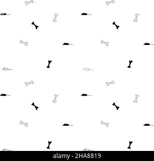 Vector seamless pattern of cats food mice, dogs food bones. Black white illustration on white bachround. Stock Vector