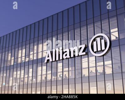 Munich, Germany. October 18, 2021, Editorial Use Only, 3D CGI. Allianz SE - German Multifunctional Financial Services Company. Workplace in High-rise Stock Photo