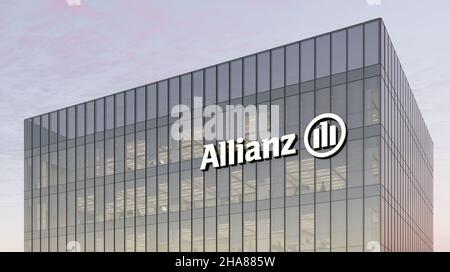 Munich, Germany. October 18, 2021, Editorial Use Only, 3D CGI. Allianz SE - German Multifunctional Financial Services Company. Workplace in High-rise Stock Photo