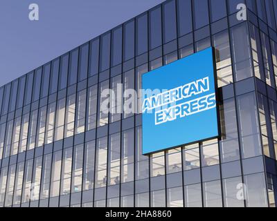 New York, NY, USA. October 14, 2021. Editorial Use Only, 3D CGI. American Express Signage Logo Top of Glass Building. Workplace Multinational Financial Stock Photo