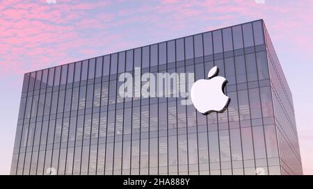 Cupertino, CA, United States. October 17, 2021. Editorial Use Only, 3D CGI. Apple Corporation Signage Logo on Top of Glass Building. Workplace Technol Stock Photo