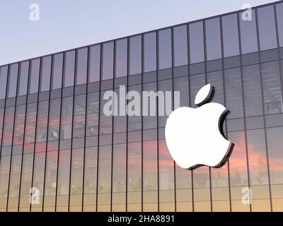 Cupertino, CA, United States. October 17, 2021. Editorial Use Only, 3D CGI. Apple Corporation Signage Logo on Top of Glass Building. Workplace Technol Stock Photo