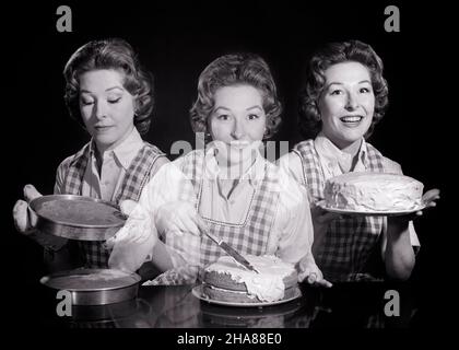 1950s 1960s TRIPTYCH MULTIPLE EXPOSURE 3 VIEWS OF HAPPY HOUSEWIFE BAKING ICING AND PRESENTING A LAYER CAKE - h3175 DEB001 HARS LIFESTYLE SATISFACTION FEMALES STUDIO SHOT HEALTHINESS HOME LIFE COPY SPACE HALF-LENGTH LADIES PERSONS CARING CONFIDENCE ICING EXPRESSIONS B&W EYE CONTACT HUMOROUS HAPPINESS CHEERFUL PRESENTING AND COMPOSITE LAYER COMICAL PRIDE SMILES TRIPLE CONCEPTUAL COMEDY JOYFUL DEB001 MID-ADULT MID-ADULT WOMAN BLACK AND WHITE GRAPHIC EFFECT OLD FASHIONED VIEWS Stock Photo
