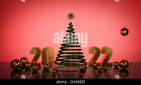 Christmas tree minimal in 3d, 2022 and golden balls on a red festive background. New Years holiday, glamor concept. High quality illustration Stock Photo