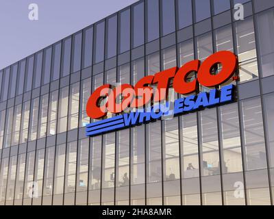 Issaquah, WA, USA. December 11, 2021. Editorial Use Only, 3D CGI. Costco Wholesale Signage Logo Top of Glass Building. Workplace of Big-box Store Comp Stock Photo