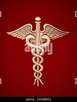 1990s CADUCEUS SILVER ON RED BACKGROUND THE AMERICAN SYMBOL OF HEALTHCARE AND MEDICAL PRACTICE - km3046 HAR001 HARS ENTWINED HERALDS STAFF HAR001 MERCURY MYTHOLOGY OLD FASHIONED REPRESENTATION Stock Photo