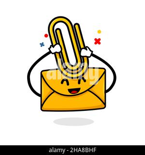 email attachment concept. isolated cute mail cartoon face holding paper clip vector illustration Stock Vector